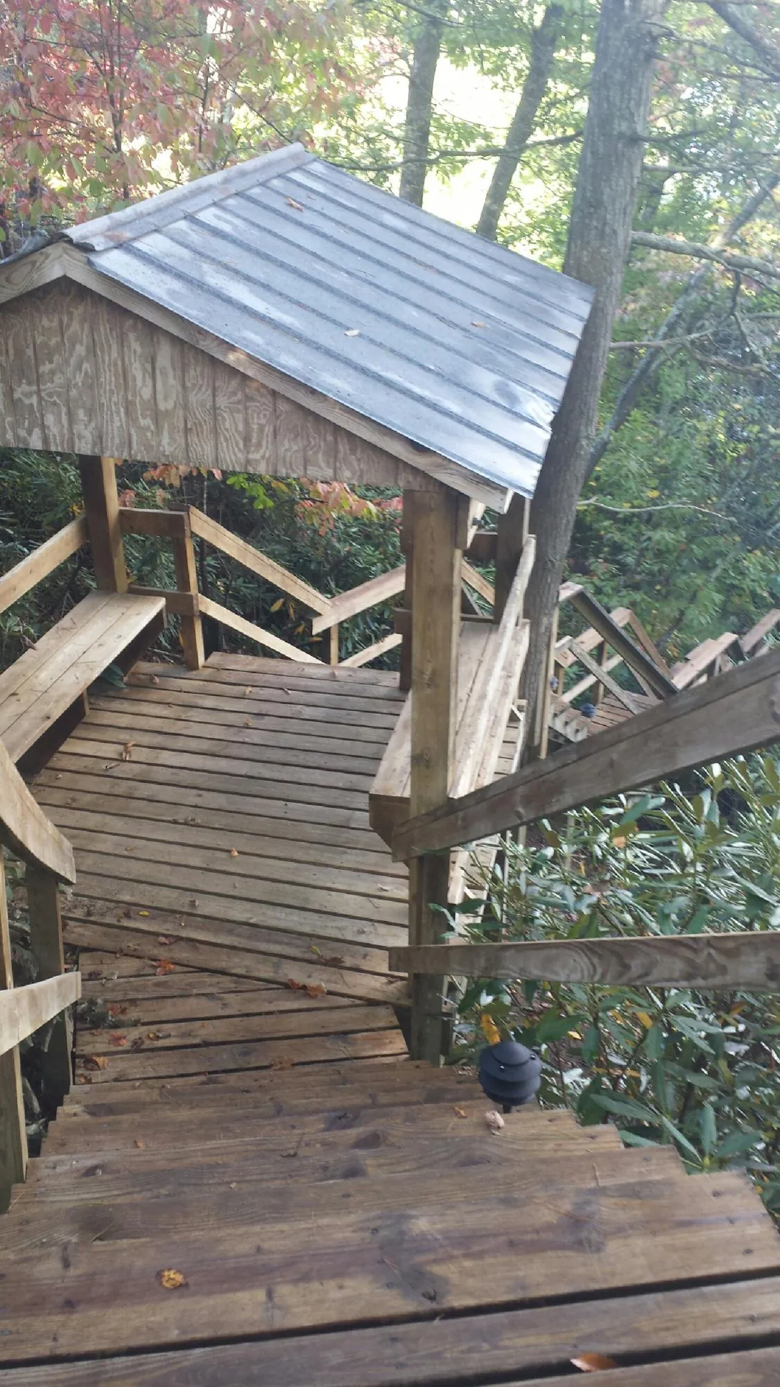 Metal roofed shelter over wooden steps on a wooded walkway — Skylight Repair & Installation work by our crew in Abrams